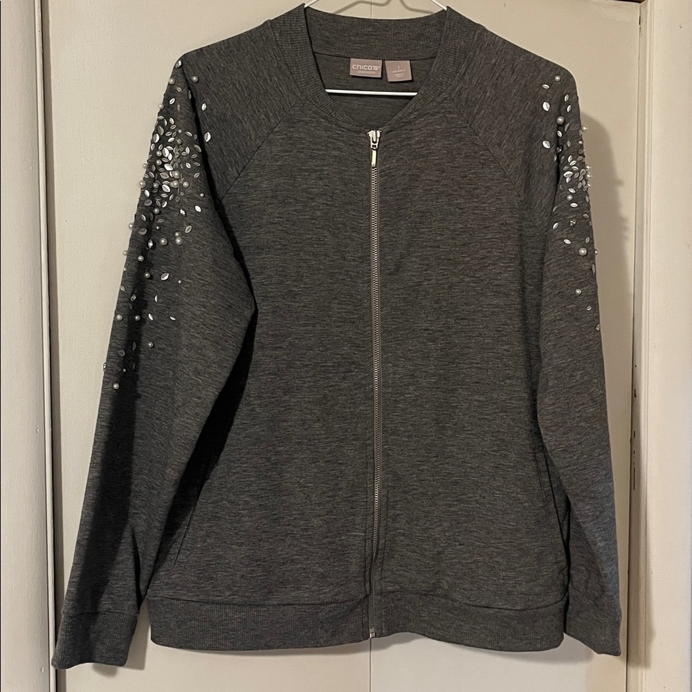 Chico's Zenergy Gray Zip-Up Jacket, with pearl and shimmery sleeves.